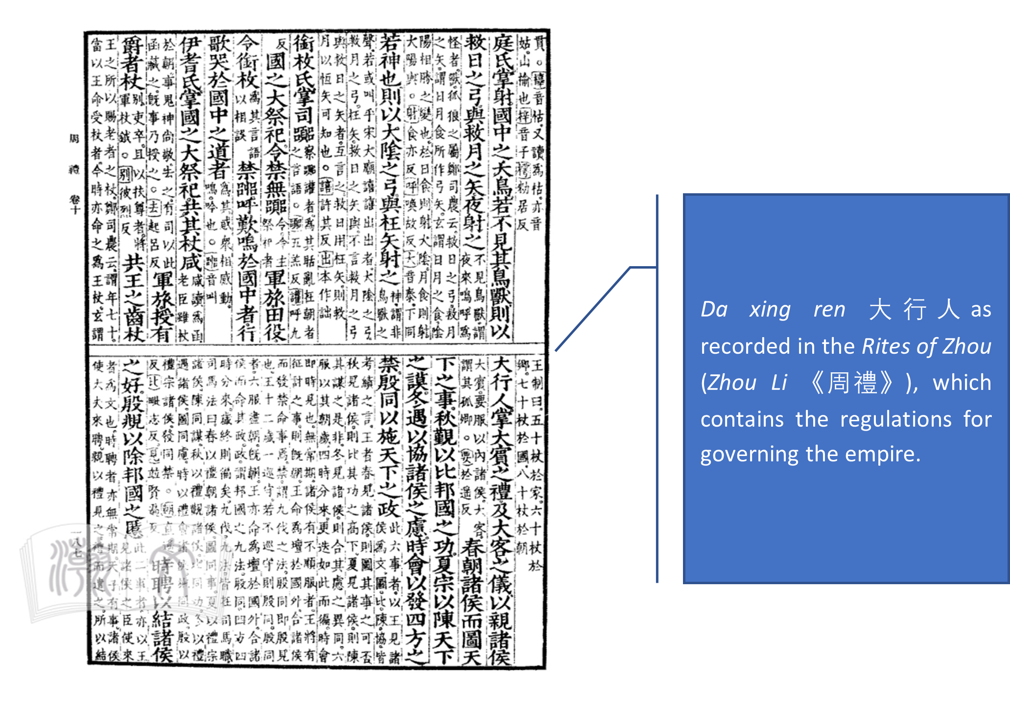 Da xing ren 大行人as recorded in the Rites of Zhou (Zhou Li 《周禮》), which contains the regulations for governing the empire.