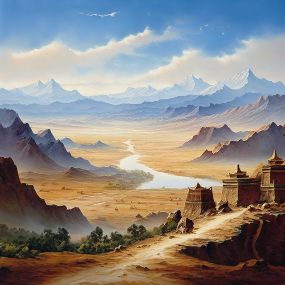 (Picture generated from AI – Playground.) (Prompt: a vast landscape with elements of the ancient Silk Road, including distant mountains and a clear sky. The scene captures a moment of historical significance, blending the rich cultural heritage of the Western Han Empire with the spirit of exploration and diplomacy.)