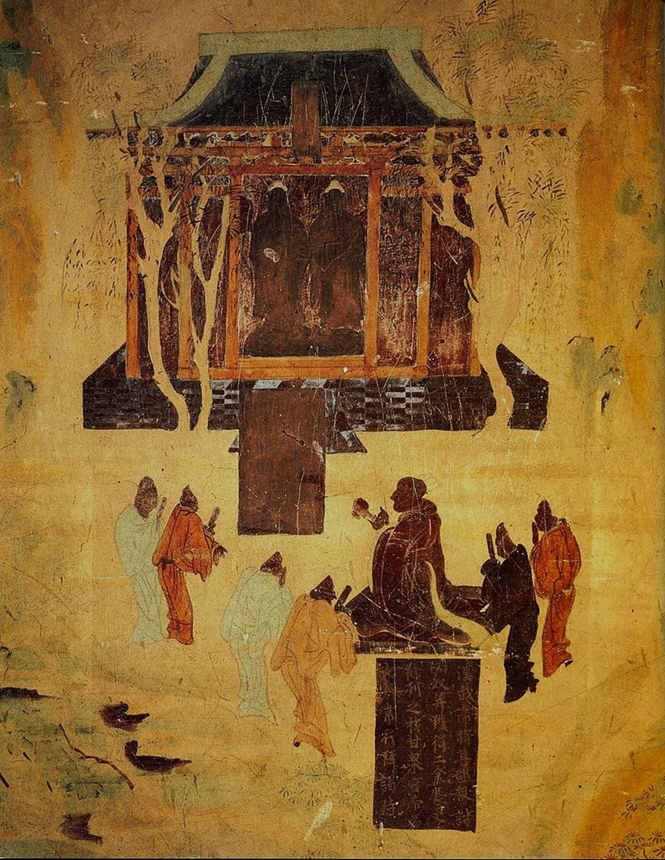 The legend of Emperor Wudi worshipping “golden man” Buddha statues, depicted in the Mogao Caves mural.